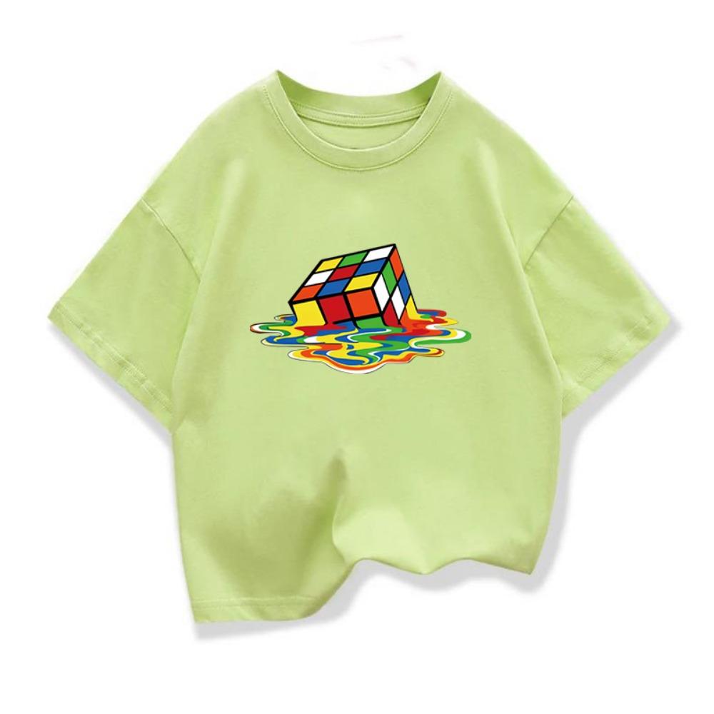Summer Kids T-Shirt Pure Rubik's Cube Print Round Neck Boys Girls Short Sleeve Casual Cool Hip-Hop Short Sleeve T-Shirt