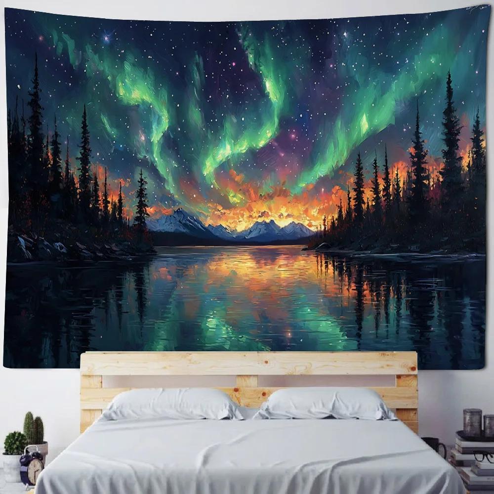 Psychedelic Starry Sky Aurora Landscape Tapestry Wall Hanging - Unique Background Poster for Home Dormitory Decoration Fabric Mu