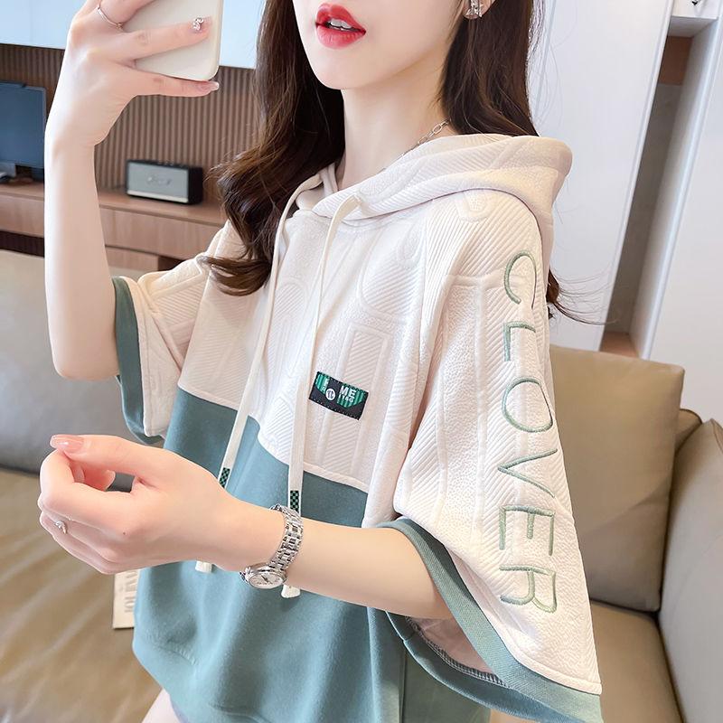 Dam Kortärmad Huvtröja Plus Size Patchwork T-shirts Koreansk Stil Lös Topp Oversized Sweatshirt
