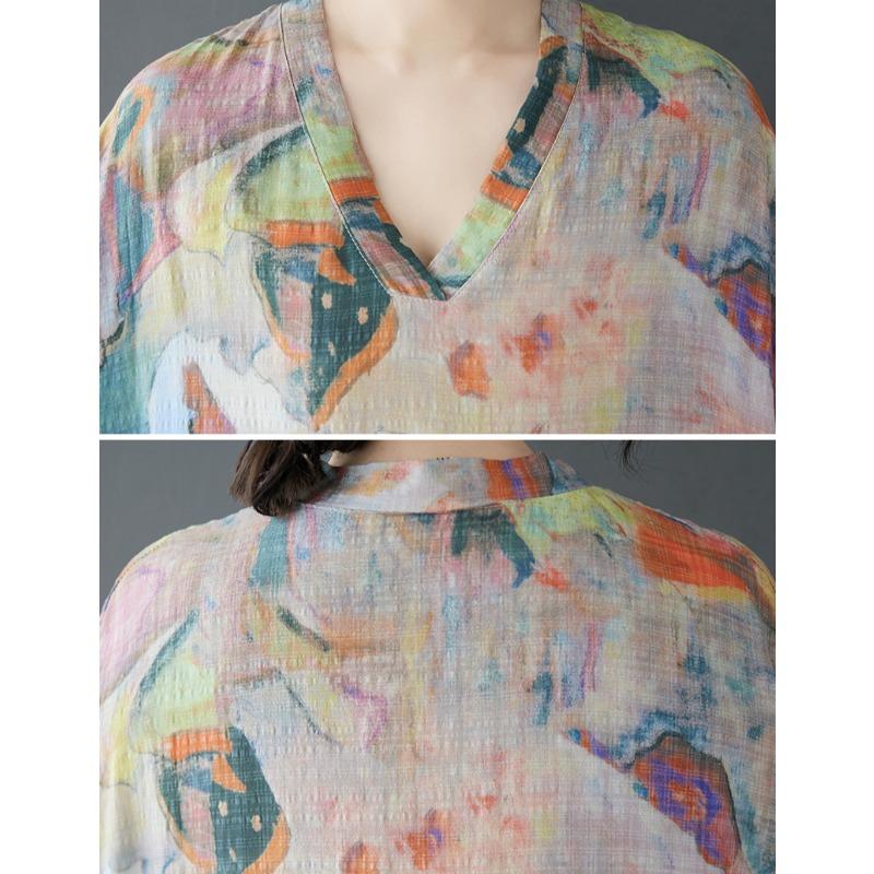 Dimanaf 2025 Dámské letní šaty Plus Size Basic Dlouhé šaty Vintage Tisk Bavlna Len Neformální Volné