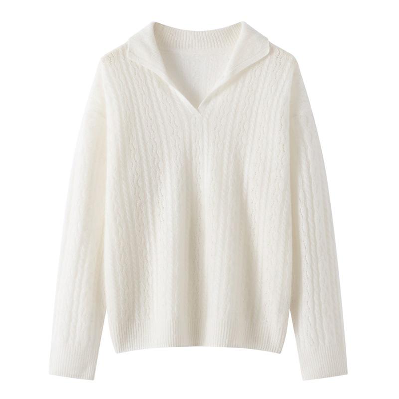 2026 Fall/Winter Women's Fashionable Pure Cashmere Knitwear: Warm, Versatile, Hollow-Out Lapel Top