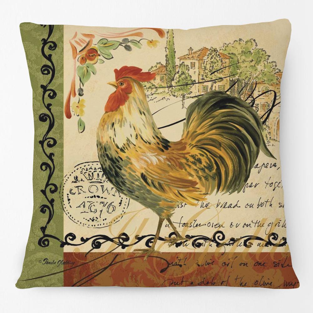 Hand Painting Country Rooster Hen Poster Cushion Covers Retro Vintage Farm Chicken Fresh Eggs Print Pillow Case