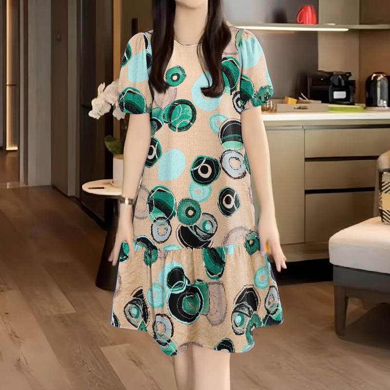 ZANZEA Damen Lässiges Rundhals-Kurzarm-Sommerkleid mit Druck, lockere Passform L grün