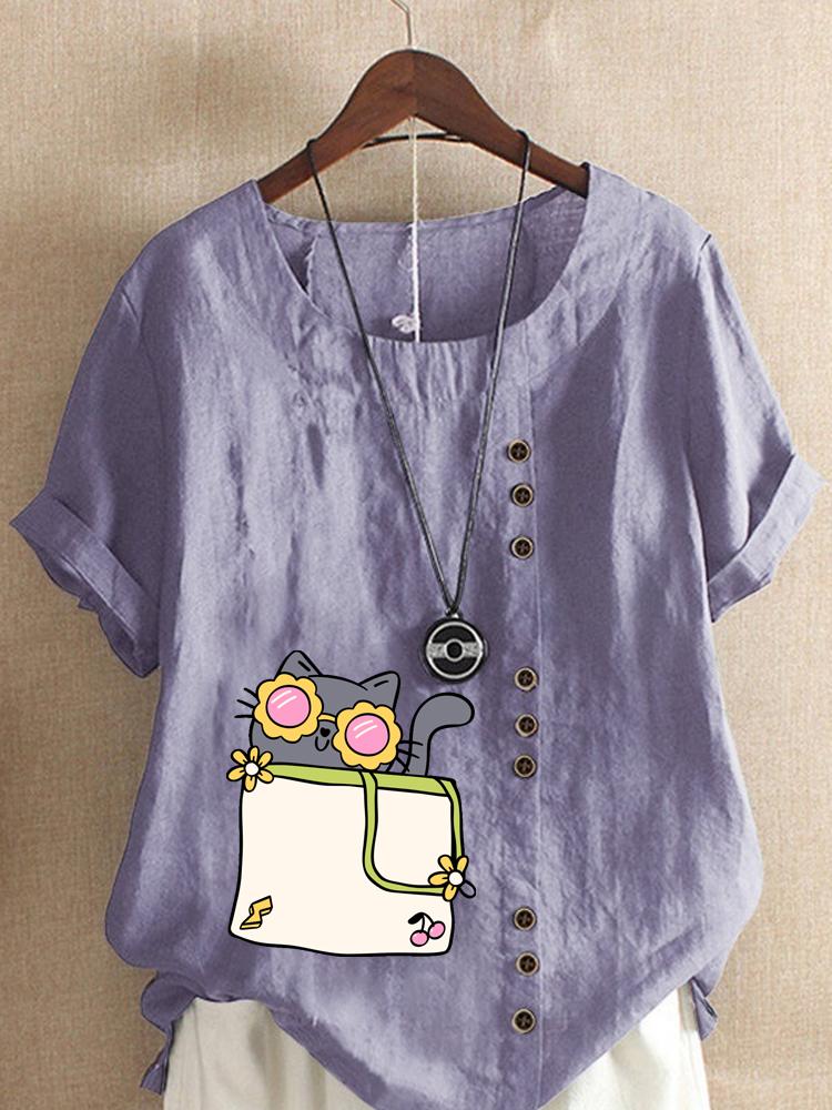 Women's Fashion Cat Print Casual Cotton Linen Short Sleeve Round Neck T-shirt Shirt Leisure Loose Summer Blouse Tops