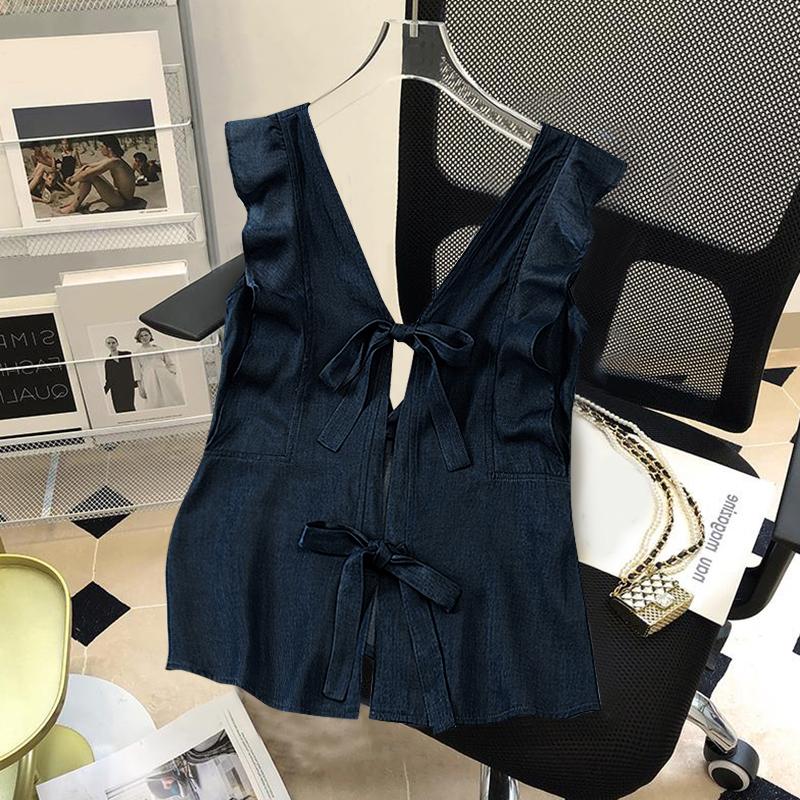 

VONDA Летние женские топы без рукавов с оборками, милые с бантом, на шнуровке, с открытой спиной 2XL темно-синий