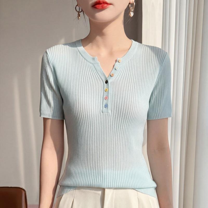 Women Summer Solid Ribbed Knit T‑Shirt V‑Neck Colorful Button Short Sleeve Slim Fit Linen Blending Base Layer Top