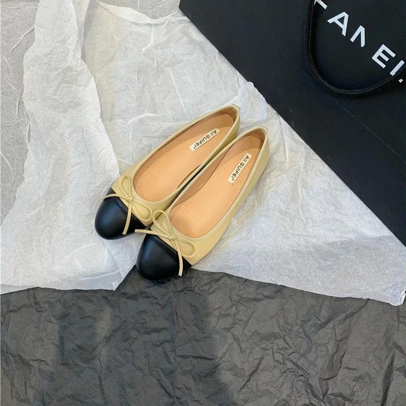 Fashion Women Leather Flat Shoes Fashionable Round Toe Casual Ballerina Bow Ballet Shoes Soft Moccasin Black with Beige  Lolita Shoes