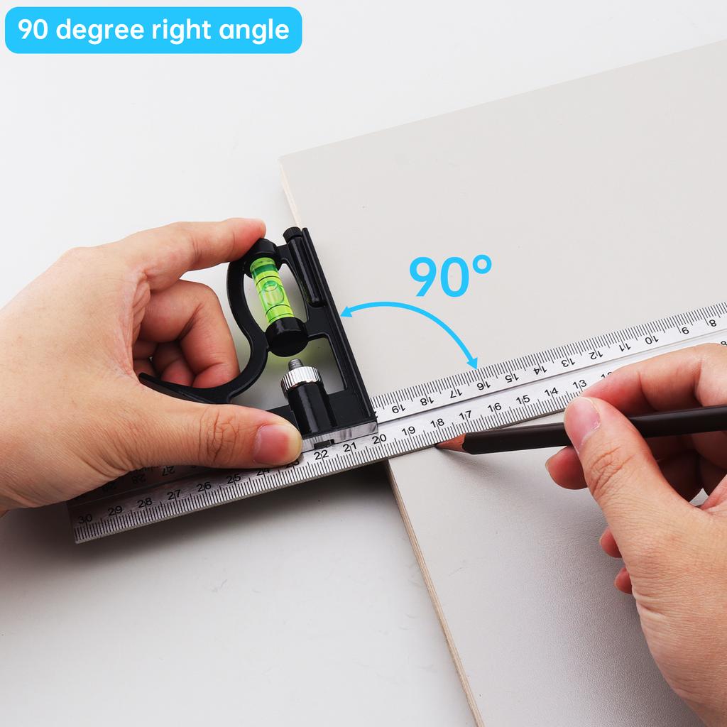 12inch 30cm Metric & Imperial Scale Combination Angle Ruler 45 / 90 Degree with Bubble Level Stainless Steel Multi-functional Measuring Tool