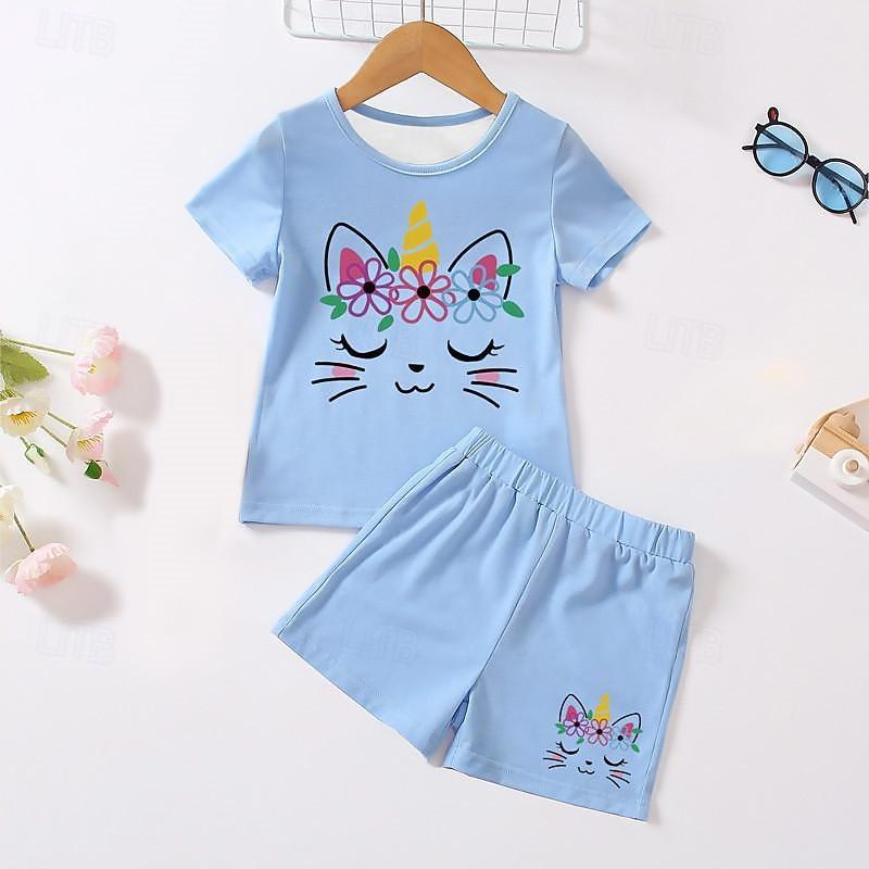 Футболка и шорты с 3D единорогом для девочек, пижамный комплект, розовый, с короткими рукавами, с 3D принтом, летняя активная мода, милый полиэстер, для детей 3–12 лет 100