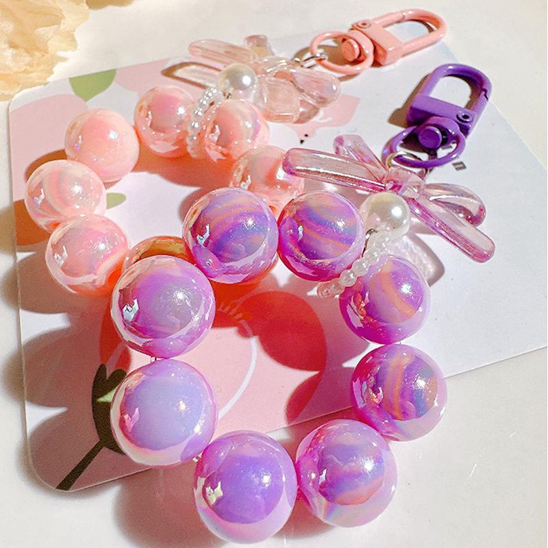 Plastic Fashion Beaded Bow Keychain Exquisite Candy Color Pearl Keyring Creative Shiny Bows Beaded Pendant Girls