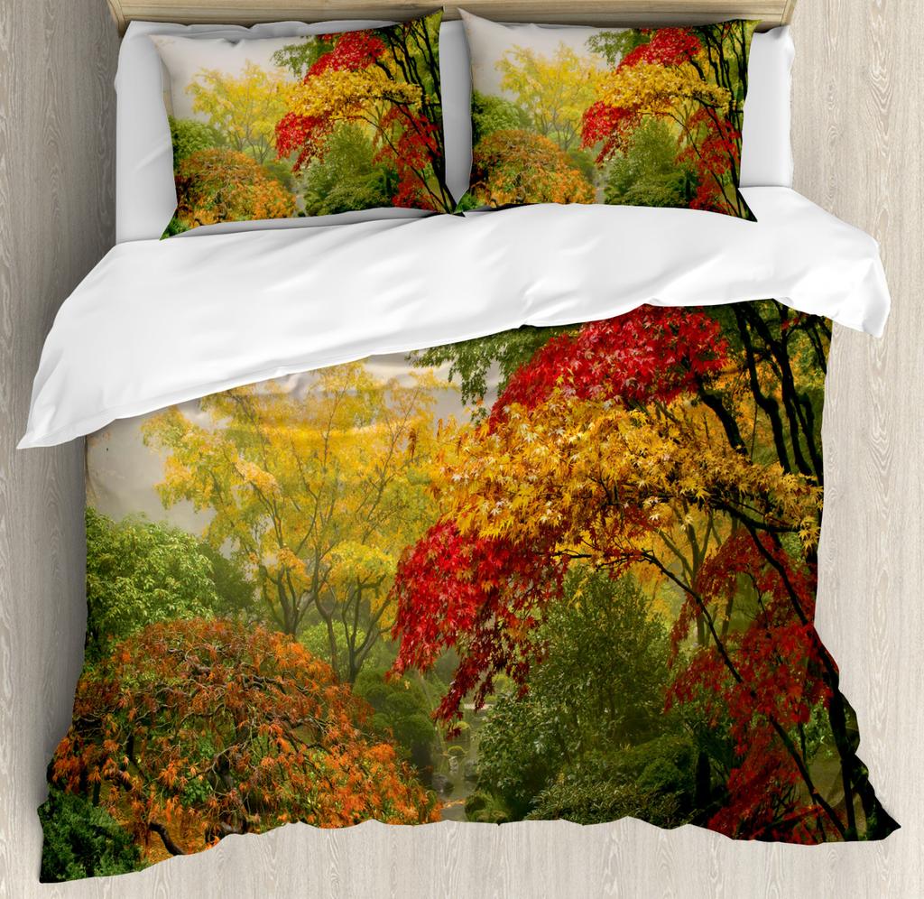 Leaves Duvet Cover Set Fall Season Canadian Maple Leaf Natural Plant Gold King Queen Size for Kid Boy Girl Polyester Bedding Set