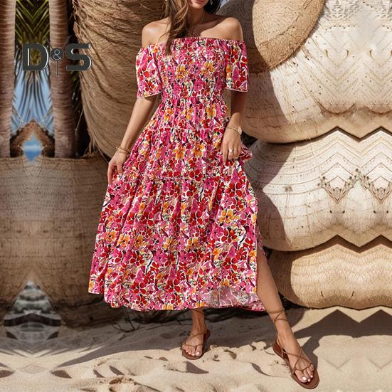 Dámské plážové šaty mimo ramena Barevný potisk květin A-line Patchwork s volným lemem lemování bez zad Krátké rukávy letní prázdninový styl midi šaty