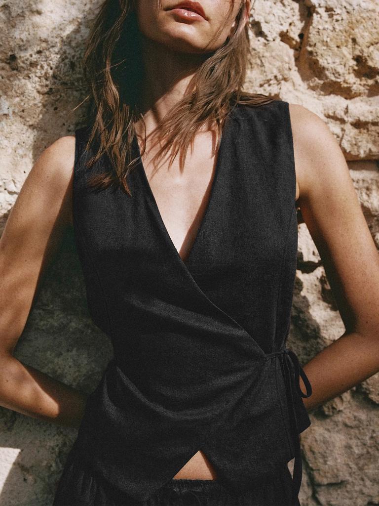 Old Qian Feng Pure Linen Vest Short Vacation Casual Sleeveless Top Summer Lace-up Vest Commuter Linen Vest