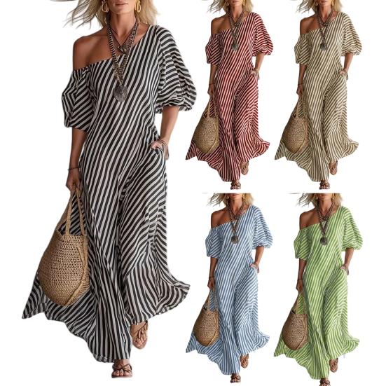 Damen Gestreiftes Off-Shoulder Maxikleid Kurzarm Lässig Party Cocktailkleid Sommer Strandurlaub Fließendes Kleid