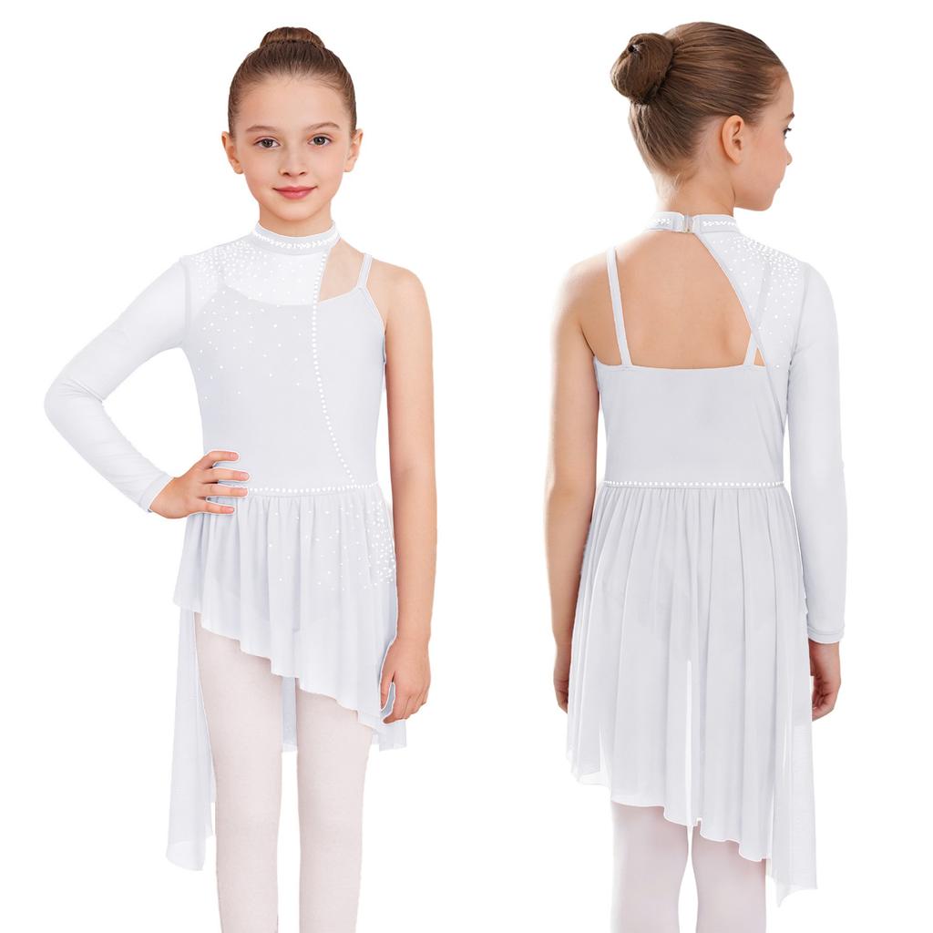 Children’s Dance Dress One Shoulder Long Sleeve Mesh Patchwork Spaghetti Straps Irregular Hem Asymmetrical Style for Lyrical Routine