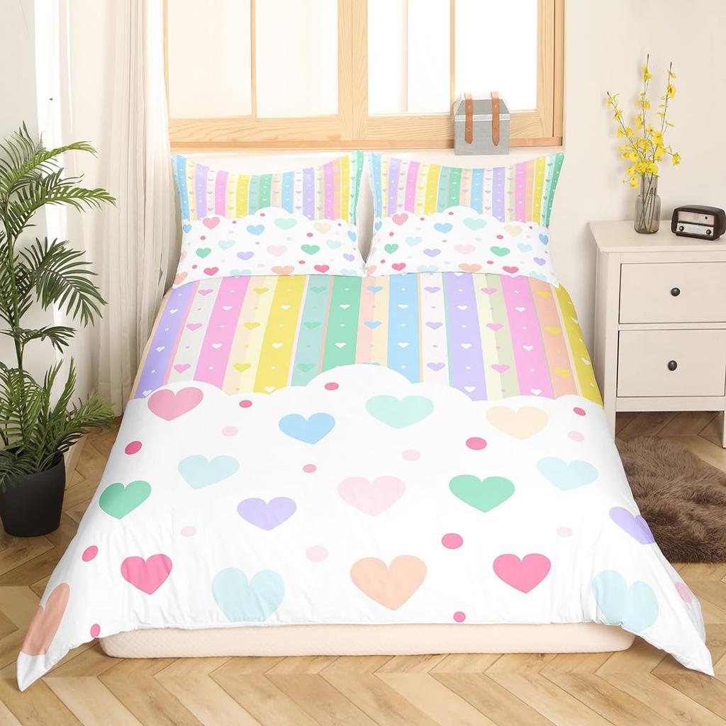 Colorful Rainbow Heart Duvet Cover Sets For Kids Boys Girls Queen Lightweight Quilt Covers Love Heart Bedding Sets Bedroom Decor