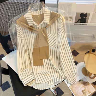 Women Shirt Lapel Long Sleeve Vertical Striped Fake Two-Piece Design Shawl Back Shirt
