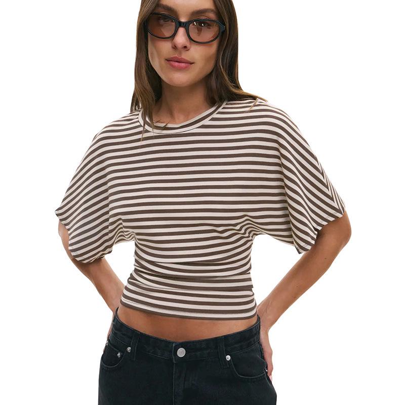 Q25TP400 Women's Slim-Fit Autumn Striped Round Neck Short Sleeve Top