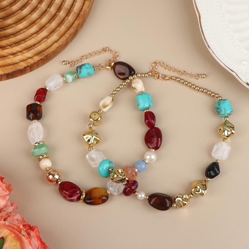 Bohemian Colored Resin Beaded Necklace For Women Vintage Adjustable Acrylic Short Choker Jewelry Gift