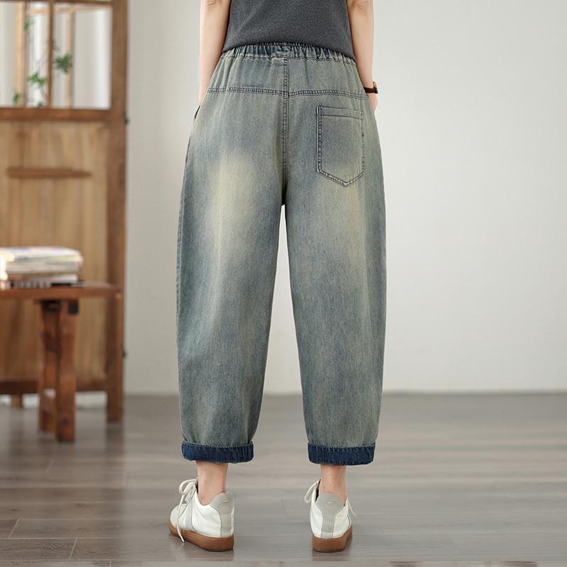 DIMANAF 2026 Summer New Plus Size Women Jeans Print Elastic Waist Long Pants Loose Casual Denim Cotton Trousers Pants