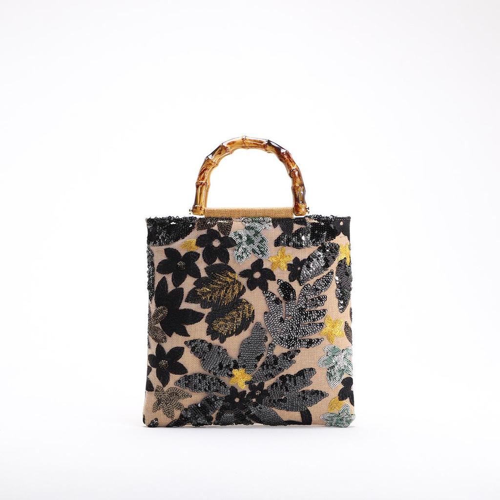 2024 Women's Cross-border Linen Bamboo Handbag with Embroidery and Sequins