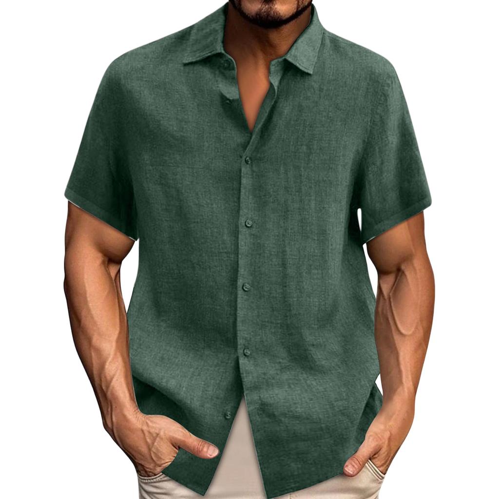 Spring Summer Men's Casual Cotton Linen Color Short Sleeve Shirts Loose Shirts