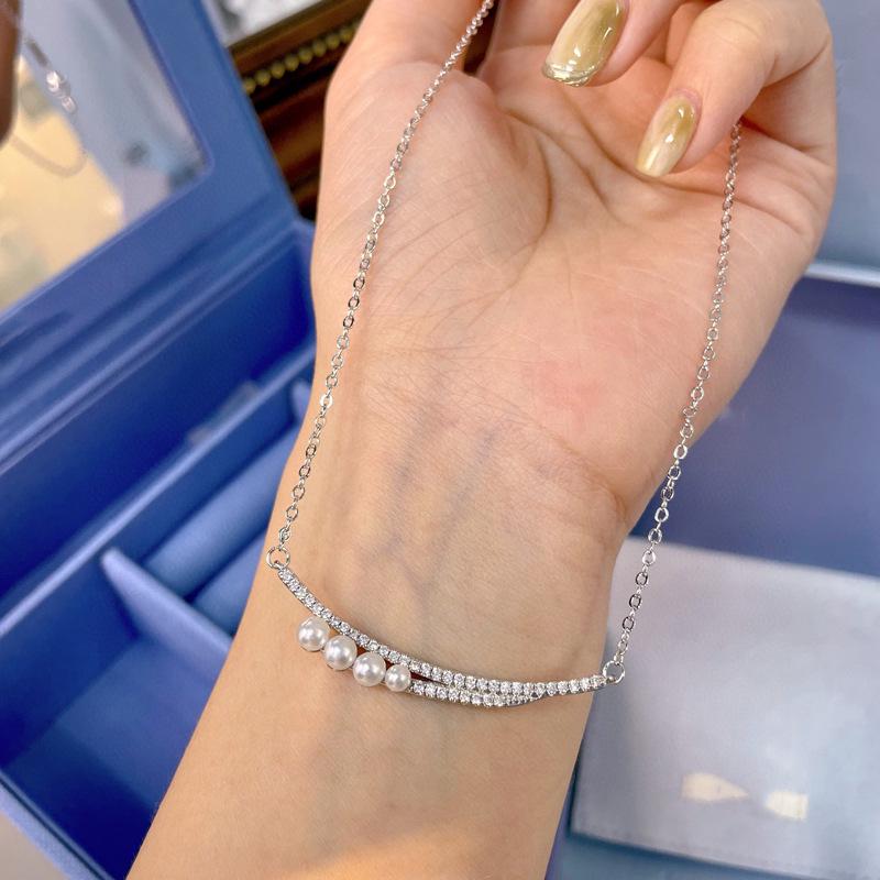 Elegant Sterling Silver Pearl & Diamond Clavicle Necklace – Women's Japanese & Korean Fashion