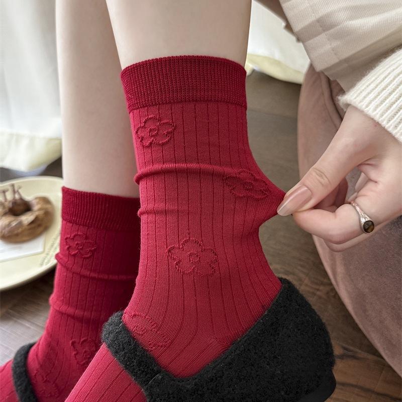 New Year Red Socks - Children's Pure Cotton Mid-calf Socks. Suitable for Autumn and Winter. Wedding and Festive Long Socks Without Bones.