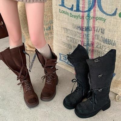 ~ Stivale alto allacciato in morbida pelle di mucca stile retrò stivali con tacco medio stivali da donna fibbia in pelle larga stivali da donna tendenza