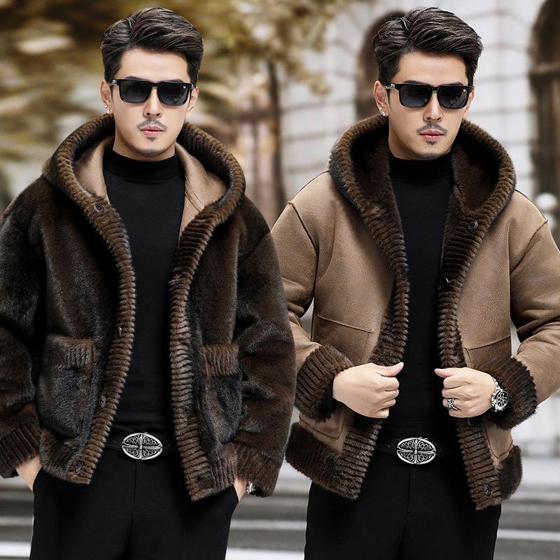 New Men's Genuine Fur Sheep Shear Coat Mid-Length Lapel Reversible Lamb Wool Winter