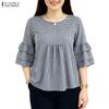 Women Casual Round Neck 3/4 Sleeve Loose Plaid Print Blouse