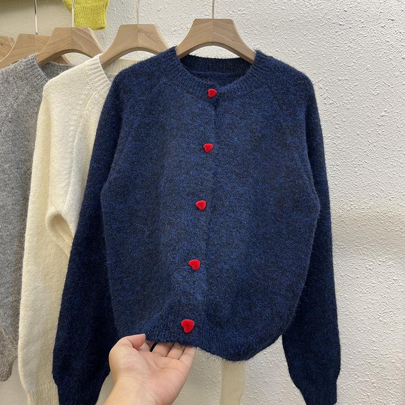 Women's Retro Dark Gray Wool Cardigan - Autumn/Winter, Soft & Warm with Love Button Raglan Sleeves