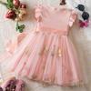 Summer Girl Flower Embroidered Mesh Dress With Bow For Toddler Girls
