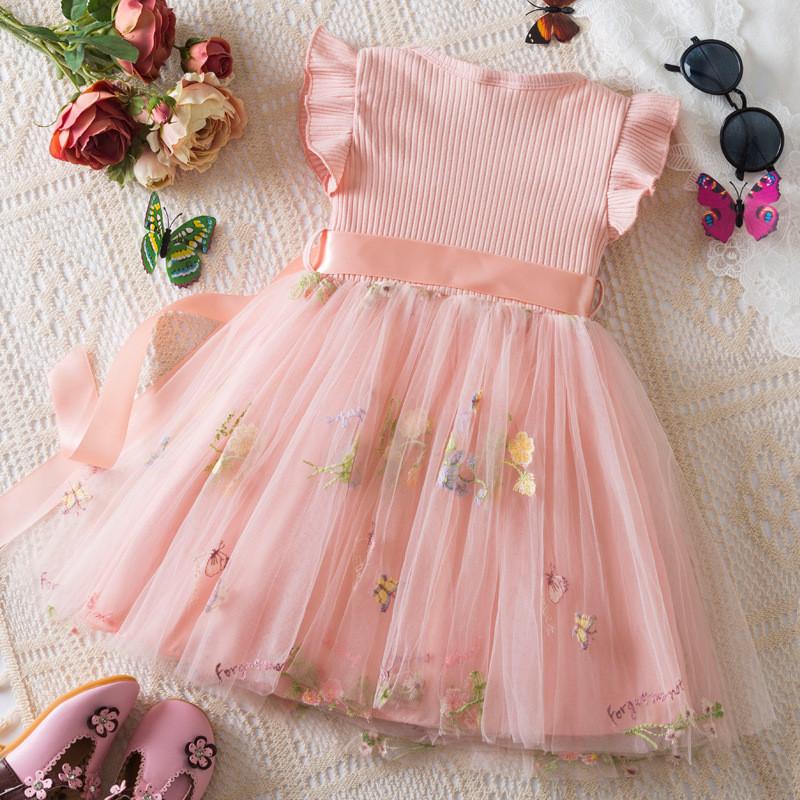 Summer Girl Flower Embroidered Mesh Dress With Bow For Toddler Girls