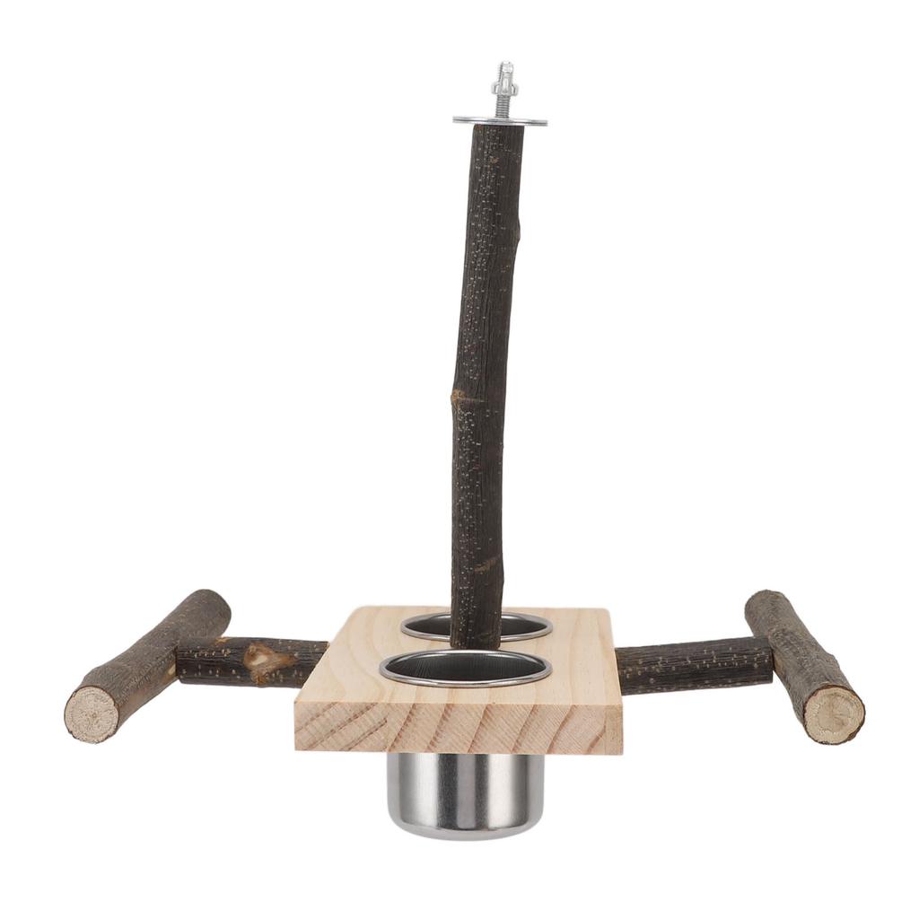 Wooden Perch Stand Hanging Bowls Bird Food Stainless Steel Cups Wood Perch Stand Hanging Feeder Bowl