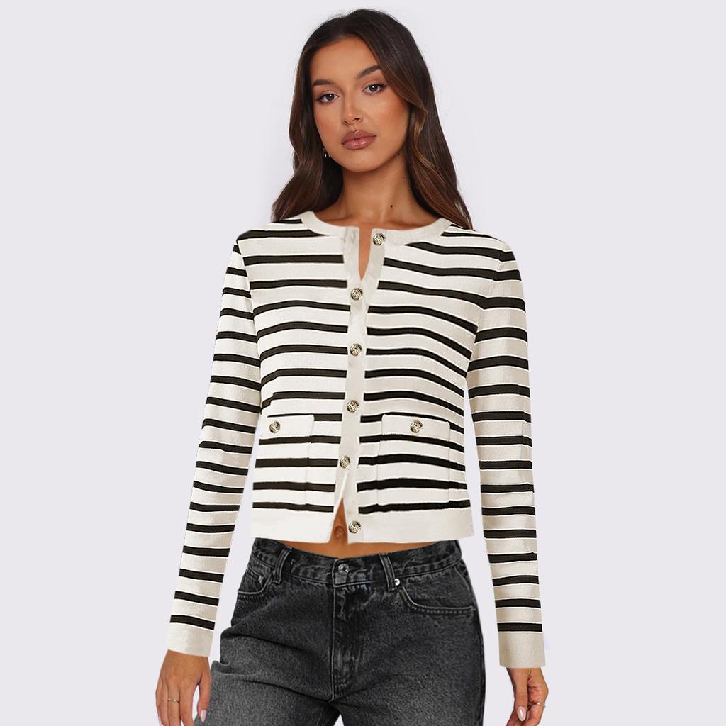 Damen Herbst und Winter Bequemes Lässiges Langarm Gestreiftes Pendler-Oberteil