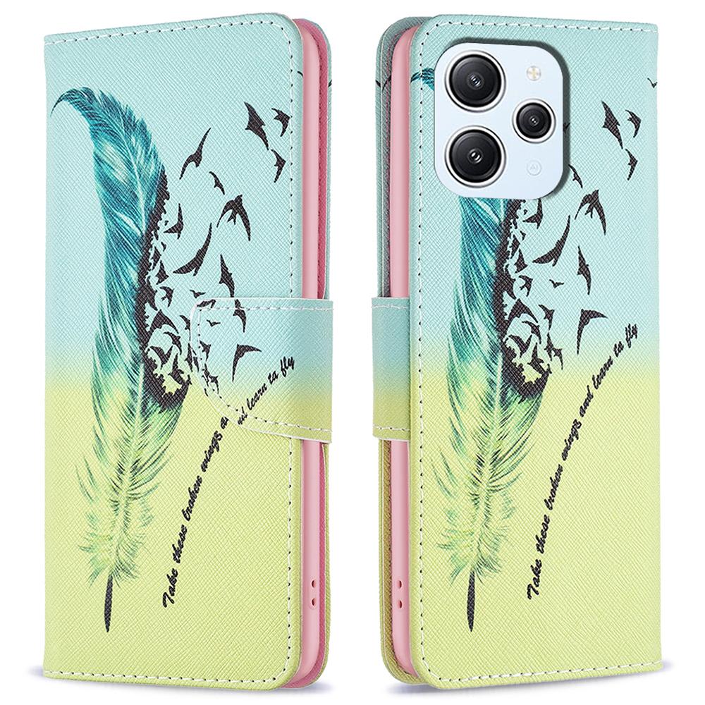 

For Xiaomi Redmi 12 4G Pattern Printing PU Leather Cover Anti-drop Wallet Stand Phone Case Feather and Birds