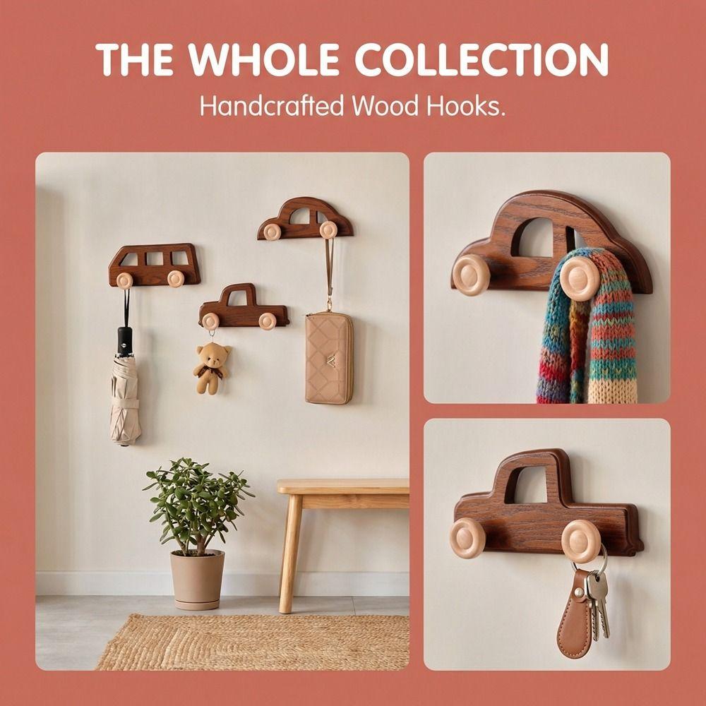 Cute Wall Mounted Car Shaped Hooks Vintage Style Cartoon Coat Hook Wooden Free Punching Wall Decorative Hook Entrance Decor