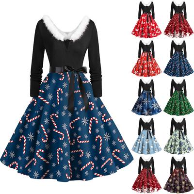 Vestido flare estampado de natal para mulheres vestido de manga comprida vestido casual de festa vazado