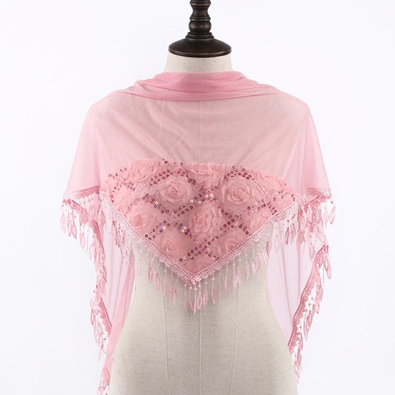 Korean Women Winter Long Neck Protection Plush Warm ShawlSolid Sequin Fragmented Flower Embroidery Lace Tassel Triangle Scarf