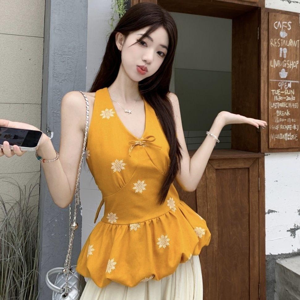 Design sense printed sling vest women's summer new waist sweet spice girl sleeveless thin bud neck top