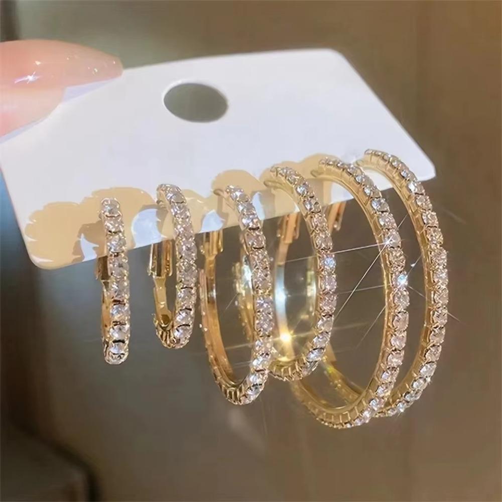 3 Pairs Different Size Crystal Earrings Full Shiny Rhinestone Jewelry Gifts Hoop Earrings  Women