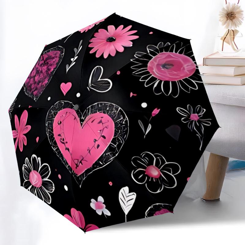 1pc Heart Flowers Pattern Automatic Umbrella Portable Home Essential Umbrella, Iron Umbrella Structure Suitable for All Seasons Yy251123117