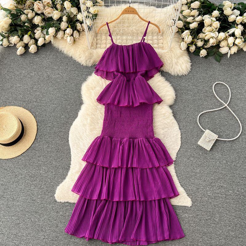 

Chiffon Fancy Ruffles Fairy Spaghetti-Strap Dress Purple All yards