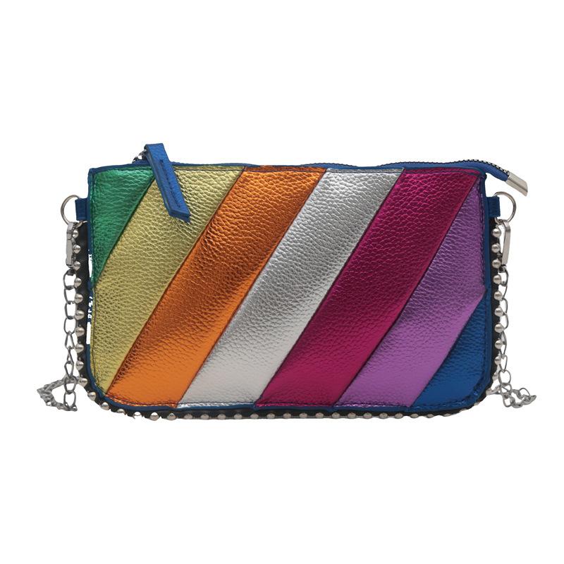 Autumn Exquisite Twill Rainbow Contrasting Color Messenger Chain Bag 2025 New Splicing Single Shoulder Messenger Rivet Small Square Bag