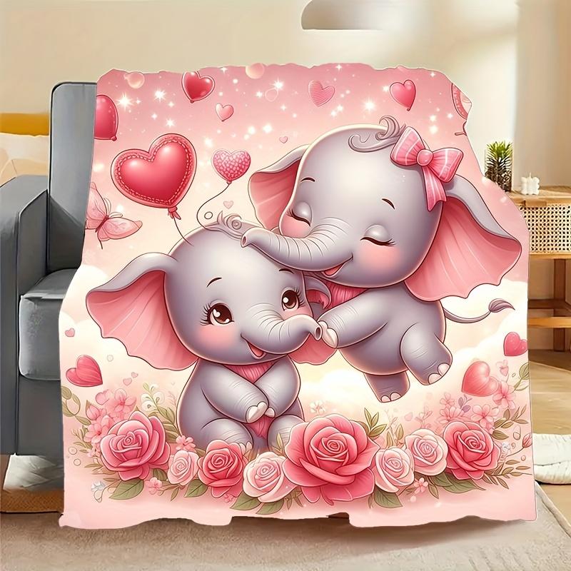 1pc Comfortable Romantic Cozy Cute Elephant Mother And Heart Rose Theme Pattern Flannel Blanket, Fashionable, Soft, Warm, All-Season Multifu