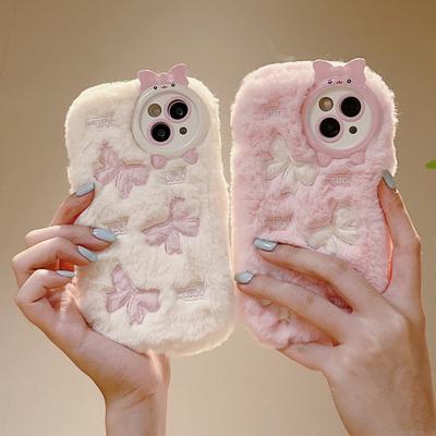 Soft Fluffy Plush Bowknot Cute Pig and Heart Phone Case For iPhone 17 16 Pro Max Case 15 14 Plus 13 12 11 Cartoon Warm Winter Furry Fur Cover Shell