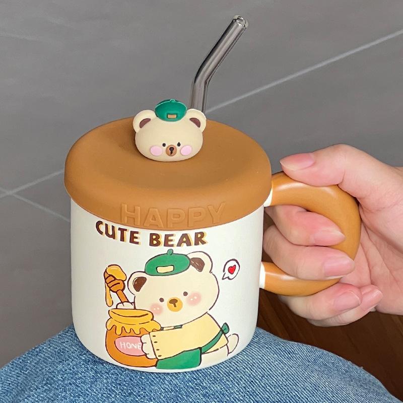 Cute Ceramic Cup With Lid Household Cartoon Couple Water Cup Gift Box High Value Souvenir Creative