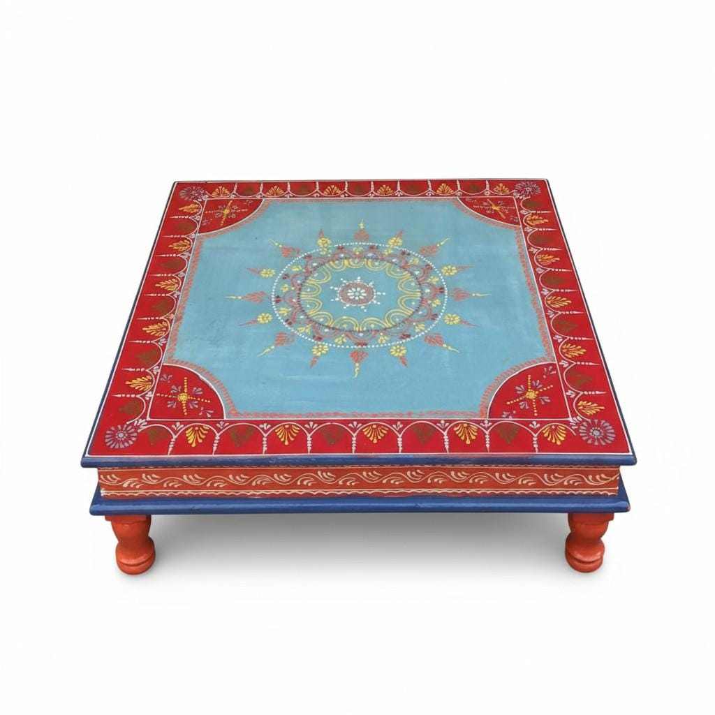 Wooden Chowki | Traditional Indian Bajot Table | Pooja Chowki for Home Decor & Festivals | Colorful God Stand Design, Hand Painted Mandap
