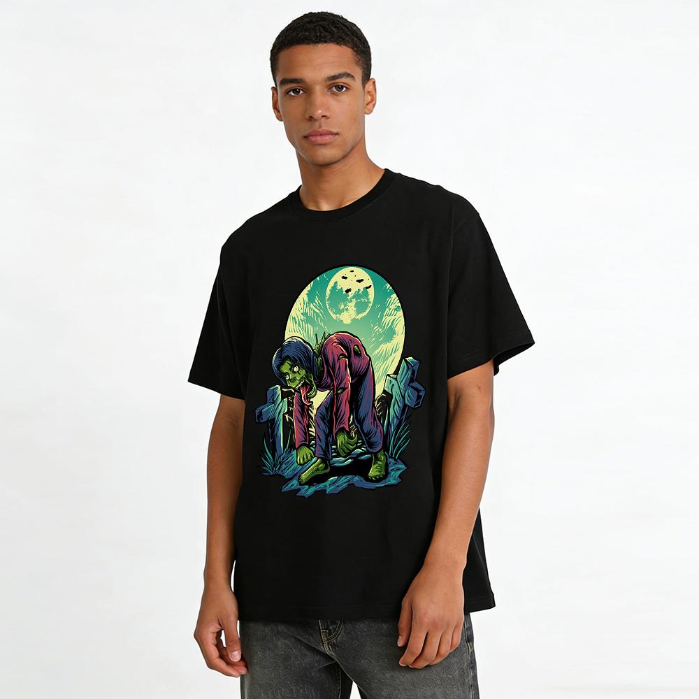 Halloween Cemetery Zombie Print T-shirt Spooky Casual Top Pure Cotton T-shirt